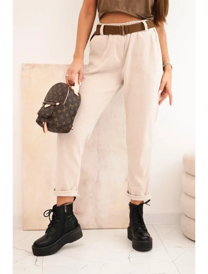 Dámské kalhoty s páskem pruhované béžové