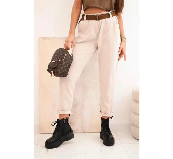 Dámské kalhoty s páskem pruhované béžové