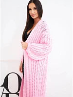 Dlouhý dámský krajkový cardigan bez zapínání se širokým rukávem růžový světlý Dlouhý dámský krajkový cardigan bez zapínání se širokým rukávem růžový světlý