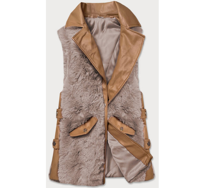 Elegantní vesta v karamelovo-béžové barvě z eko kůže a kožešiny (BR9592-48022)