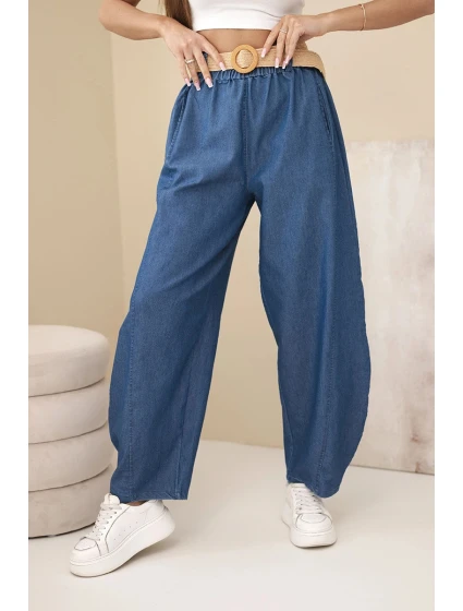 Dámské kalhoty se širokou nohavicí a páskem tmavě džínové Dámské kalhoty se širokou nohavicí a páskem tmavě džínové