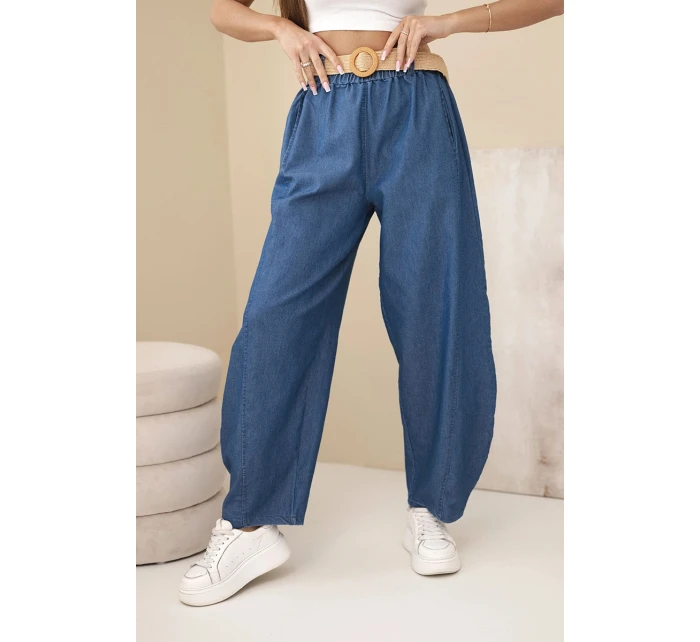 Dámské kalhoty se širokou nohavicí a páskem tmavě džínové Dámské kalhoty se širokou nohavicí a páskem tmavě džínové