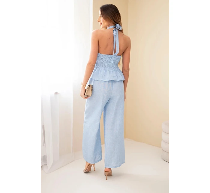 Dámský viskózový komplet model 22079427 top a kalhoty s širokými nohavicemi modrý - K-Fashion