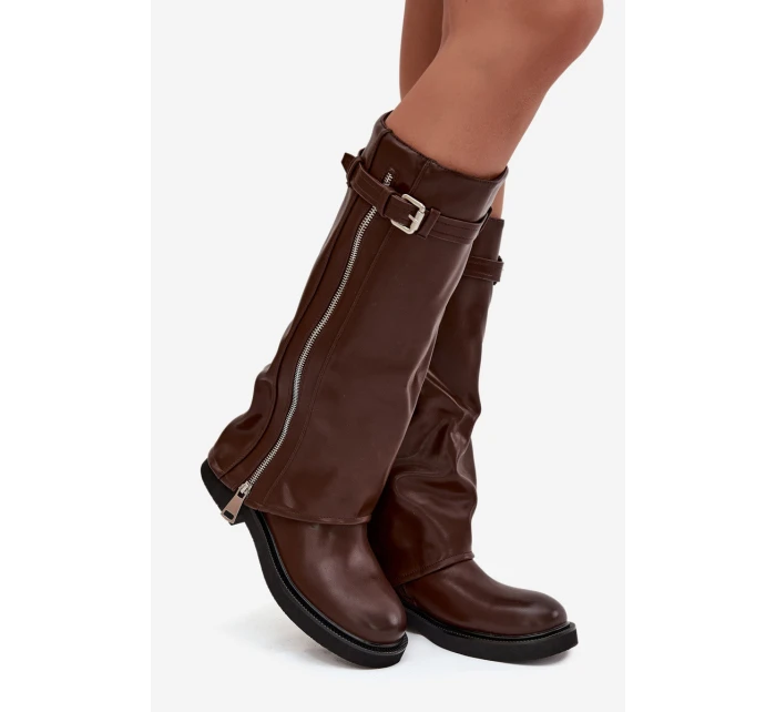 Dámské kozačky s ohrnovaným svrškem, sponou a stříbrným zipem, zateplené Bressa – hnědé Dámské kozačky s ohrnovaným svrškem, sponou a stříbrným zipem, zateplené Bressa – hnědé