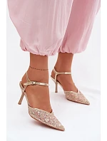 Pánské síťované dámské sandály na jehlovém podpatku se zdobením Zlato model 22103194 - Boto