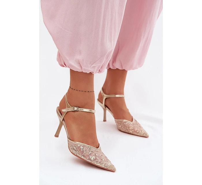 Pánské síťované dámské sandály na jehlovém podpatku se zdobením Zlato model 22103194 - Boto