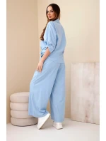 Dámský bavlněný komplet s model 22015462 košilí a širokými nohavicemi modrý - K-Fashion