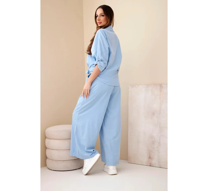 Dámský bavlněný komplet s model 22015462 košilí a širokými nohavicemi modrý - K-Fashion