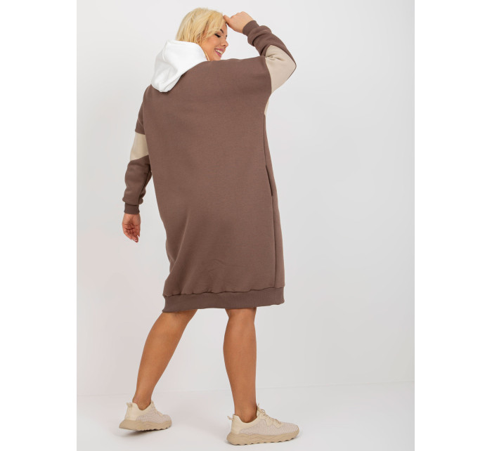 Ecru-hnědé základní mikinové šaty plus velikosti s kapsami