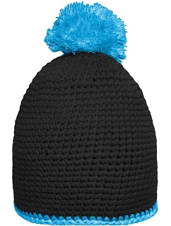 Daiber MB 7964 Háčkovaná čepice s kontrast. lemem a bambulí 03.7964 black/turquoise