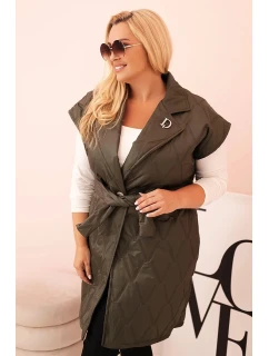 Dámská vesta Plus Size prošívaná s páskem a límcem khaki