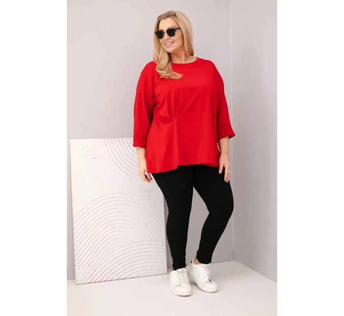 Dámská plus size blůza s bavlnou, dlouhým rukávem a řasením červená