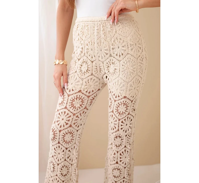 Dámské bavlněné ažurové kalhoty se širokými nohavicemi a elastickým pasem béžové