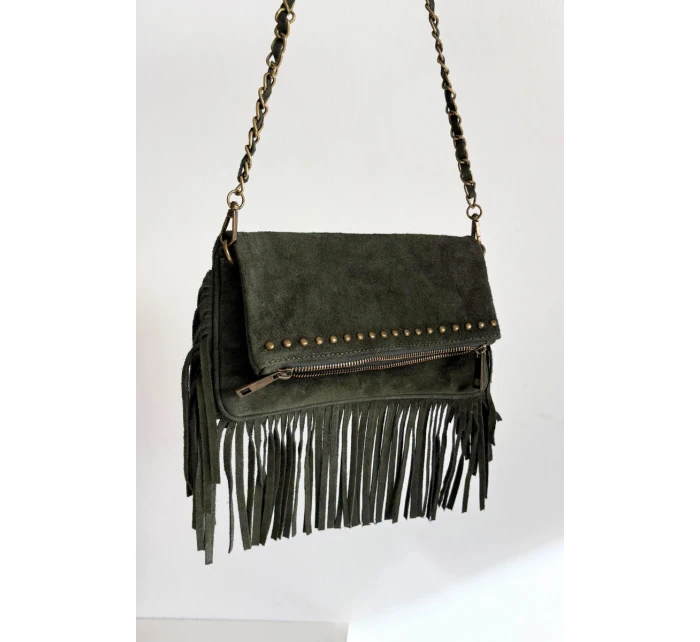 Dámská semišová kabelka s třásněmi na řetízku Narella – tmavě zelená