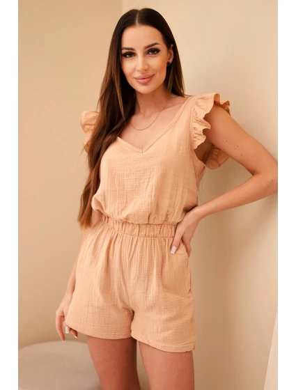 Dámský mušelínový overal s volánky camelový