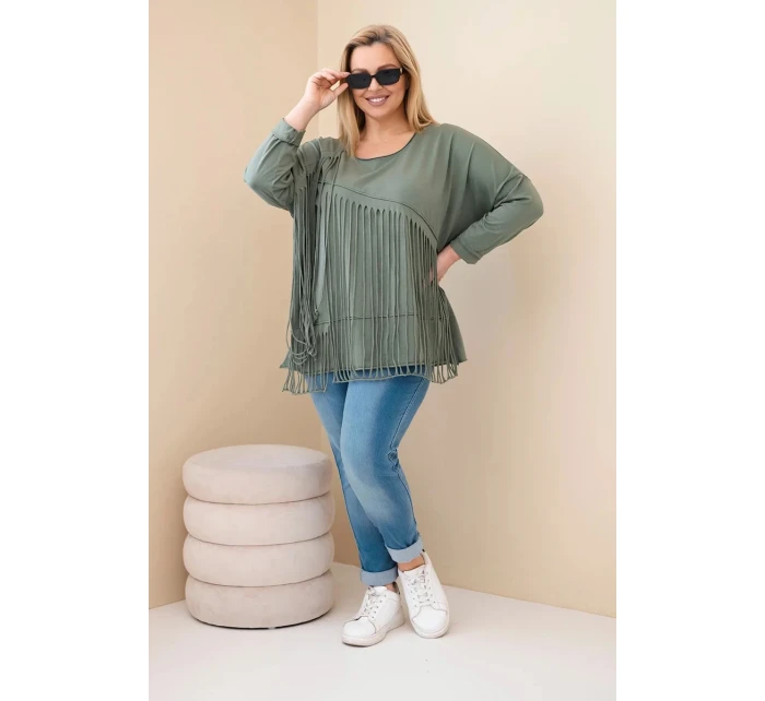 Dámská bavlněná blůza Plus Size s třásněmi khaki