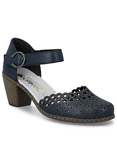 Dámské kožené sandály na jehlovém podpatku pohodlné ažurové tmavě modré Rieker 40902-14