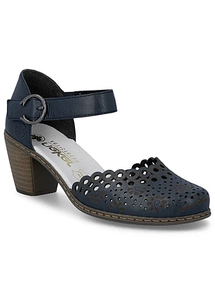 Dámské kožené sandály na jehlovém podpatku pohodlné ažurové tmavě modré Rieker 40902-14