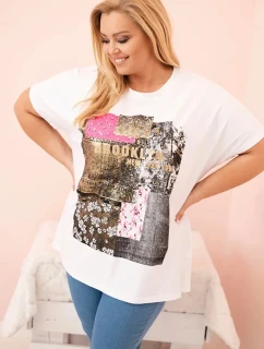 Dámská bavlněná halenka Plus Size s barevným potiskem bílá + růžová