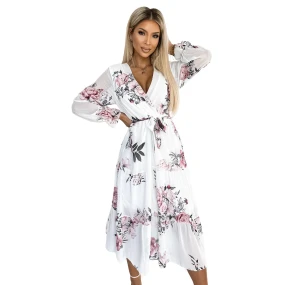 436-2 VALENTINA Midi šaty s výstřihem a páskem - BÍLÉ S RŮŽEMI