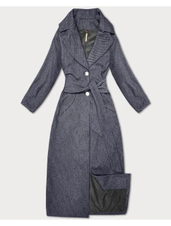Tmavě modrý dlouhý pruhovaný dámský kabát s páskem S'West (B8542-26)