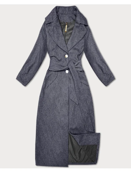 Tmavě modrý dlouhý pruhovaný dámský kabát s páskem S'West (B8542-26)