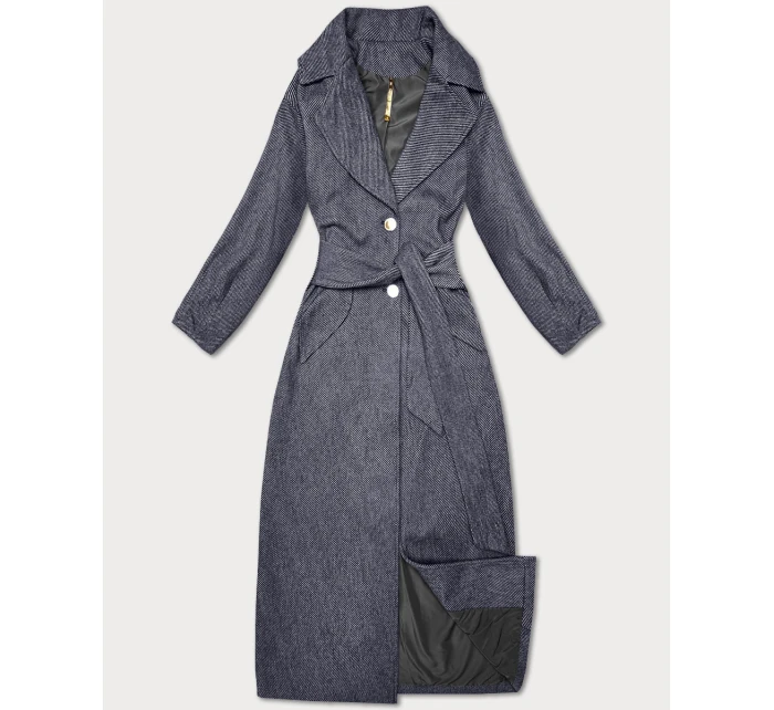 Tmavě modrý dlouhý pruhovaný dámský kabát s páskem S'West (B8542-26)