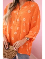 Lněná dámská halenka s květinovým vzorem, dlouhými rukávy a knoflíky Oranžová Lněná dámská halenka s květinovým vzorem, dlouhými rukávy a knoflíky Oranžová
