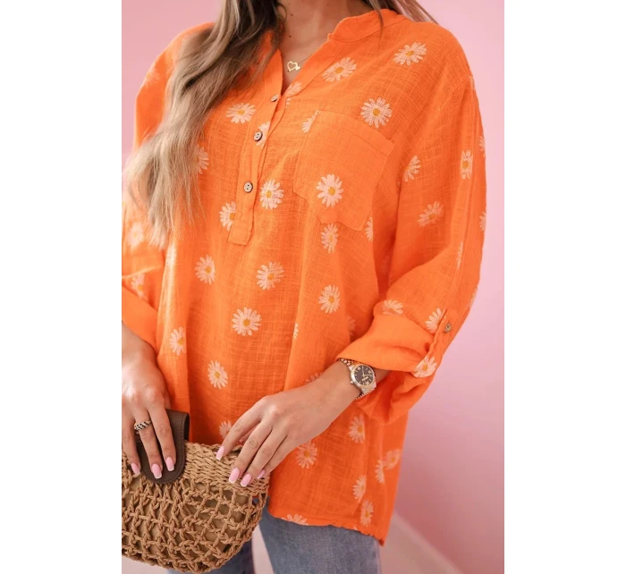 Lněná dámská halenka s květinovým vzorem, dlouhými rukávy a knoflíky Oranžová Lněná dámská halenka s květinovým vzorem, dlouhými rukávy a knoflíky Oranžová