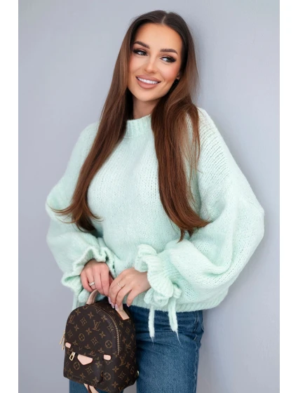 Dámský svetr s přídavkem mohairu s model 21903494 pletením a ozdobnými rukávy mátový - K-Fashion