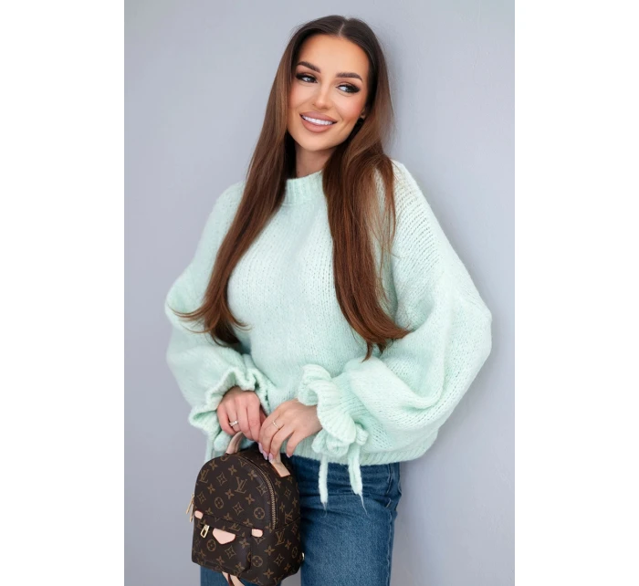 Dámský svetr s přídavkem mohairu s hrubým pletením a ozdobnými rukávy mátový Dámský svetr s přídavkem mohairu s hrubým pletením a ozdobnými rukávy mátový