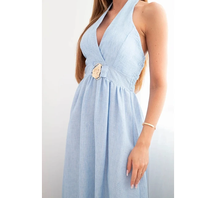 Dámské viskózové maxi šaty vázané u krku s ozdobnou sponou modrá Dámské viskózové maxi šaty vázané u krku s ozdobnou sponou modrá