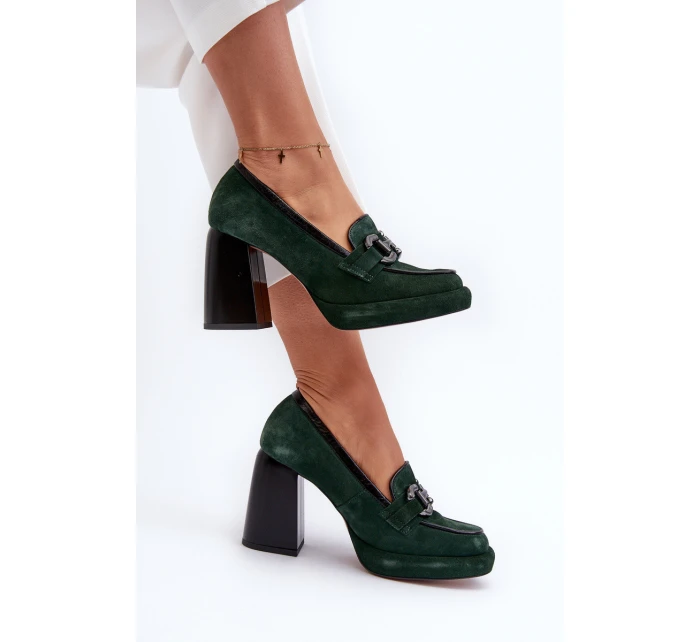 Kožené lodičky na masivním sloupku model 21657286 tmavě zelené - Laura Messi
