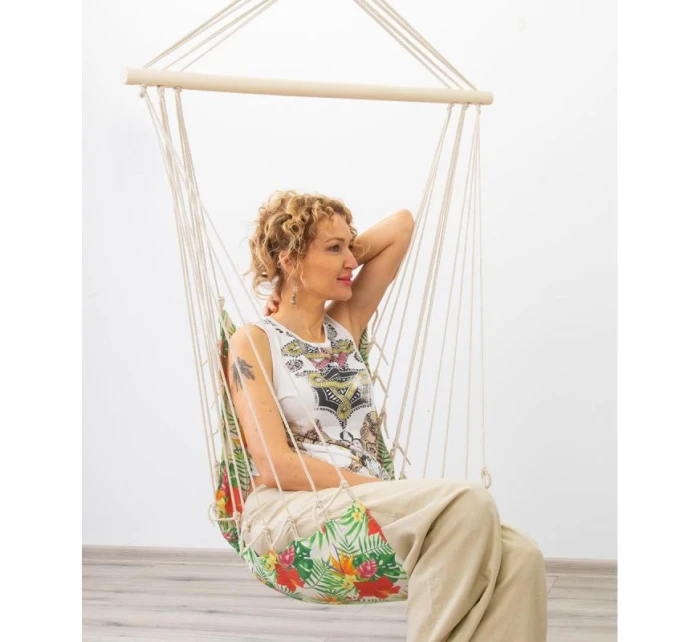 BRAZILSKÁ ZÁVĚSNÁ SEDAČKA HAMAK 100x50CM NATURE S TROPICKÝMI DŽUNGLOVÝMI PODRUČKAMI