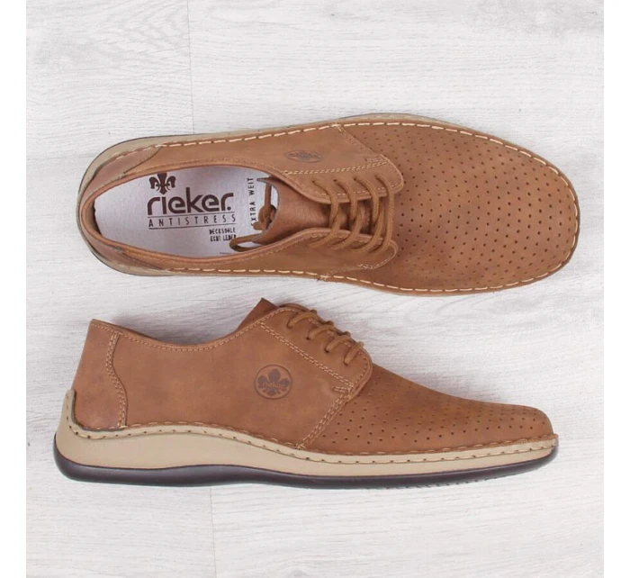 Kožené polobotky Rieker M RKR528 hnědé s ažurovým vzorem