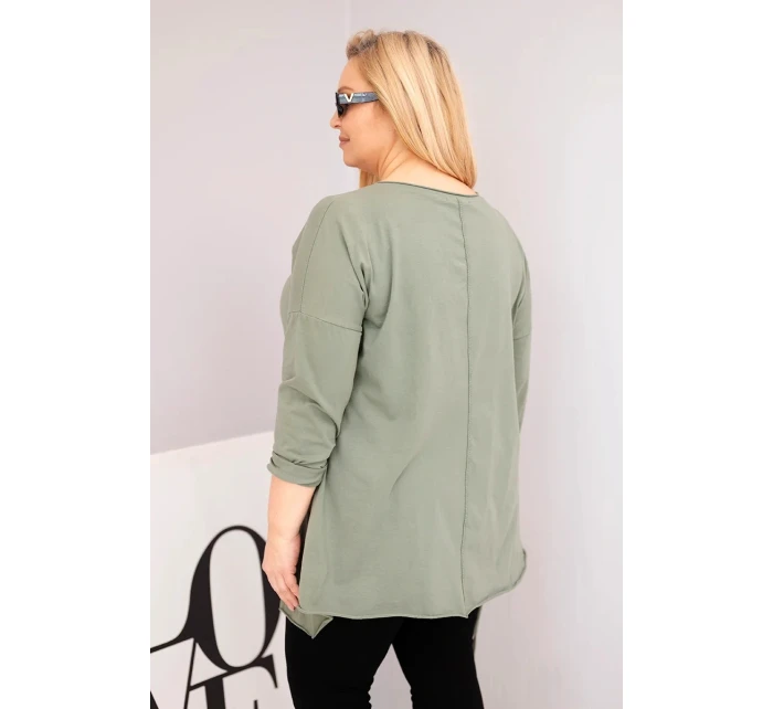 Dámská bavlněná blůza Plus Size s asymetrickým spodním lemem a výřezy khaki