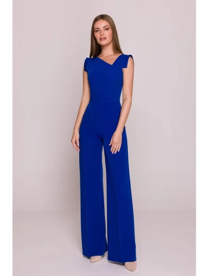 S407 Elegantní overal s asymetrickým výstřihem - královská modř