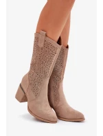 Dámské perforované kozačky do poloviny lýtka ve stylu kovbojek S.Barski – béžové, eko kůže Dámské perforované kozačky do poloviny lýtka ve stylu kovbojek S.Barski – béžové, eko kůže