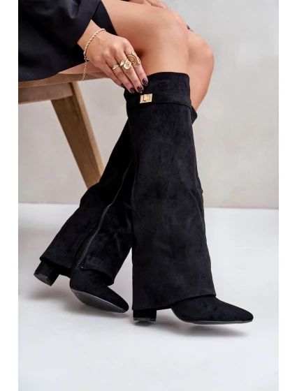 Dámské zateplené kozačky na sloupkovém podpatku s vyhrnutou holení Evyra – béžové, eko semiš