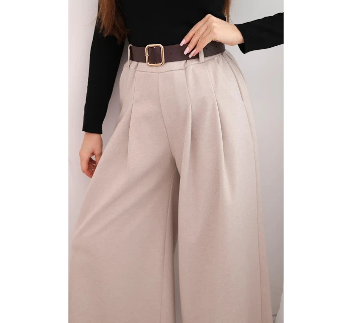 Dámské kalhoty s širokým nohavicí a pásem béžové Dámské kalhoty s širokým nohavicí a pásem béžové