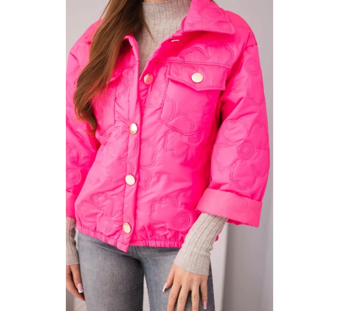 Dámská jarní prošívaná bunda s květinovým vzorem růžový neon