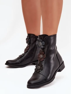 Dámské botky Pravienne – zateplené, na plochém podpatku, s květinovou ozdobou, černé