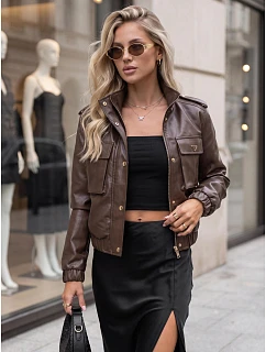 Dámská kožená bomber bunda na přechodné období, hnědá, FashionStreet TY5874