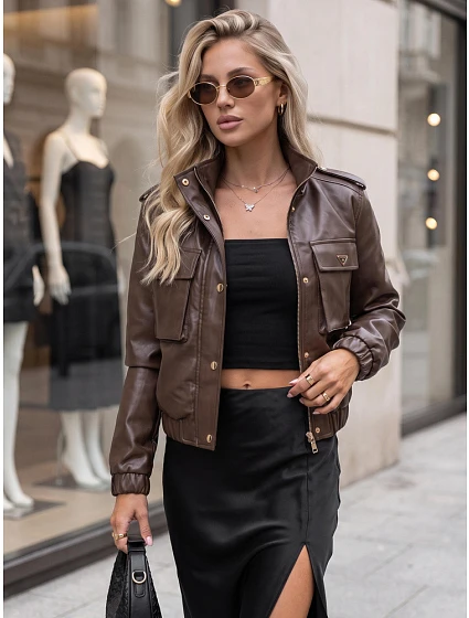 Dámská kožená bomber bunda na přechodné období, hnědá, FashionStreet TY5874 Dámská kožená bomber bunda na přechodné období, hnědá, FashionStreet TY5874