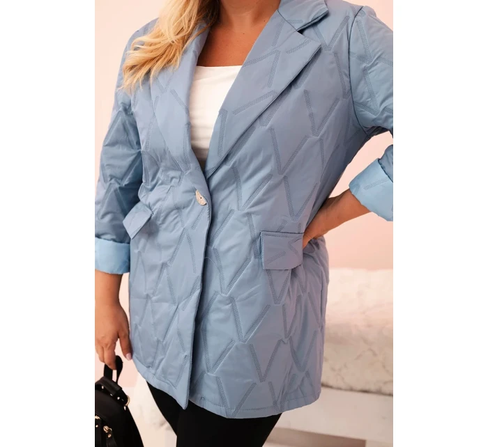 Dámská bunda Plus Size prošívaná s límcem a knoflíkem džínová