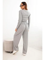 Dámská viskózová souprava s halenkou a širokými kalhotami šedá
