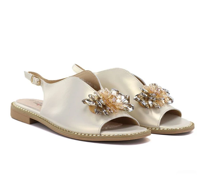 Dámské kožené ploché sandály s krystaly zlaté S.Barski 61-6004