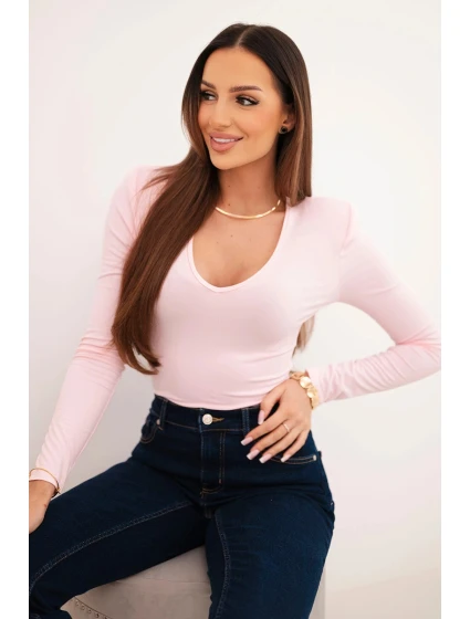Dámská blůza s výstřihem do V a dlouhým rukávem světle růžová