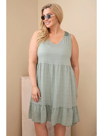 Dámské viskózové šaty pro plnoštíhlé bez rukávů s krajkou khaki