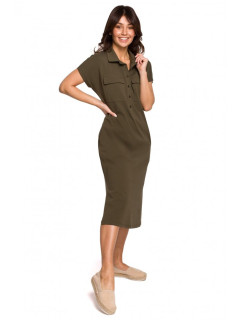 B222 Safari šaty s kapsami s klopou - khaki barva